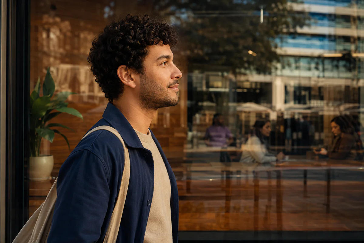 Brasileiro observando o movimento de uma cidade no exterior
