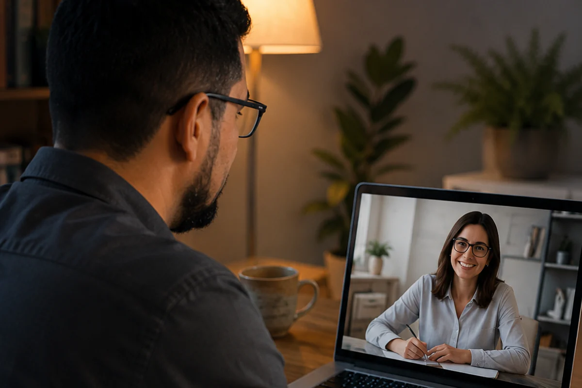 Homem participando de uma sessão de psicoterapia on-line pelo notebook