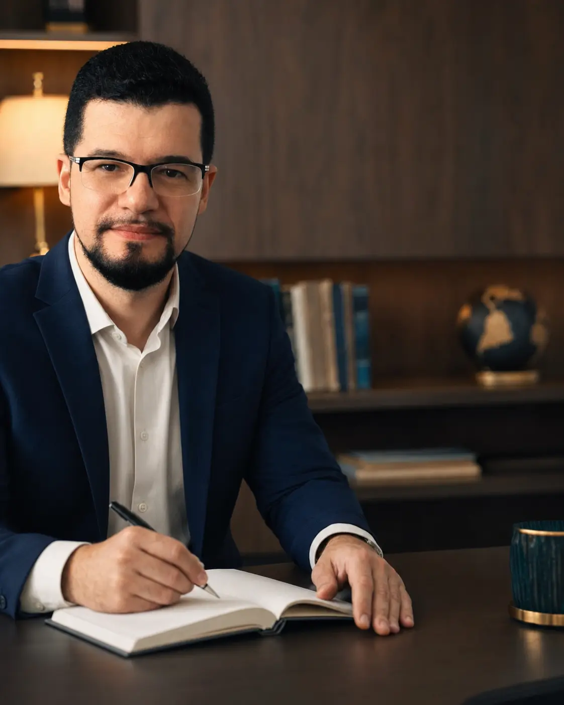 Christian Pires, psicólogo clínico, escrevendo em seu consultório